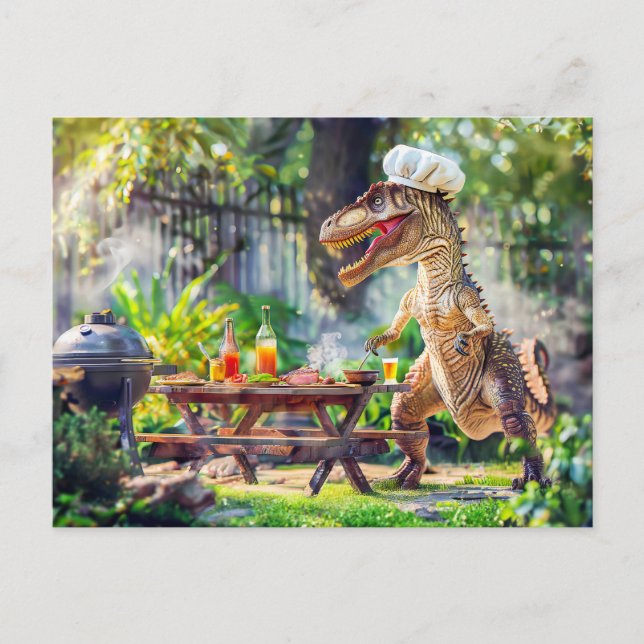 Postal Festiva Chef de dinosaurios en una barbacoa en el jardín (Anverso)