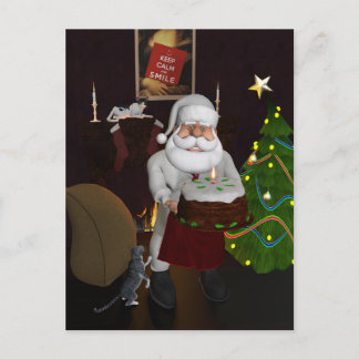 Postal Festiva Chef Santa con pastel de cumpleaños