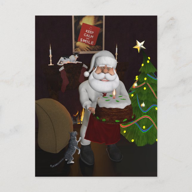 Postal Festiva Chef Santa con pastel de cumpleaños (Anverso)
