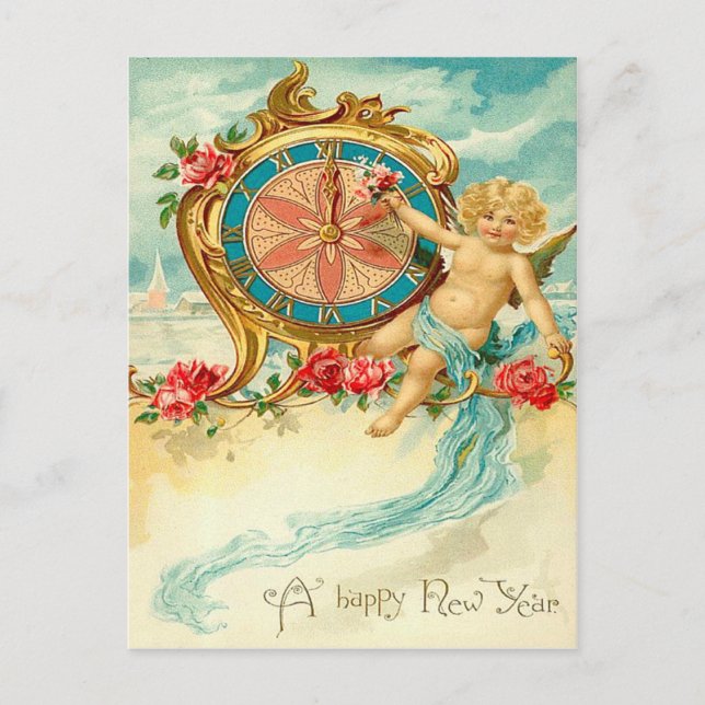 Postal Festiva Cherub Angel Rosa Reloj Año Nuevo (Anverso)