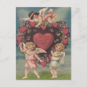 Postal Festiva Cherub Cupid Heart Violets Valentine