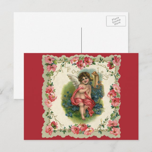 Postal Festiva Cherub, el El día de San Valentín victoriano vinta (Anverso / Reverso)