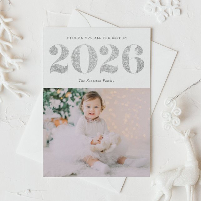 Postal Festiva Chic 2022 Silver Glitter Happy New Year Photo Holi (Customizable photo New Year postcard featuring 2026 in faux silver glitter.)