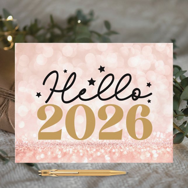 Postal Festiva Chic Blush Pink Black Hello 2026 Happy New Year (Subido por el creador)
