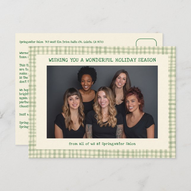 Postal Festiva Chic Gingham Green Christmas Custom Business  (Anverso / Reverso)