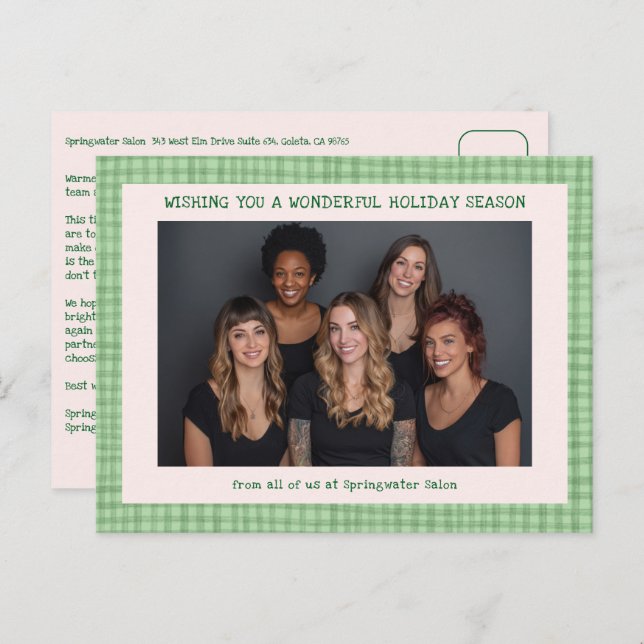 Postal Festiva Chic Gingham Pink Green Christmas Custom Business  (Anverso / Reverso)