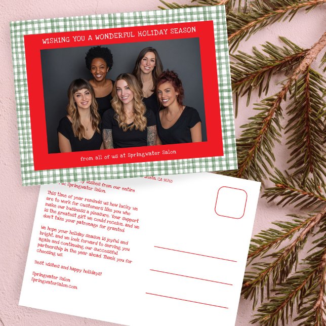 Postal Festiva Chic Gingham Red Green Christmas Custom Business  (Chic Gingham Red Green Christmas Custom Photo Business Corporate Office Holiday Postcard
)