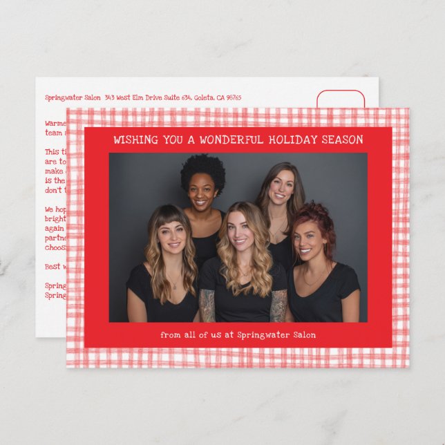 Postal Festiva Chic Gingham Red White Christmas Custom Business  (Anverso / Reverso)