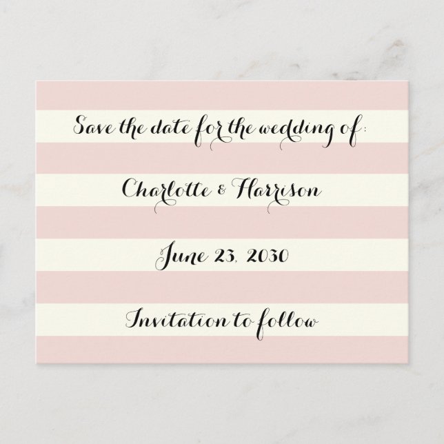 Postal Festiva Chic tono rosa marfil rayas Guardar la fecha (Anverso)