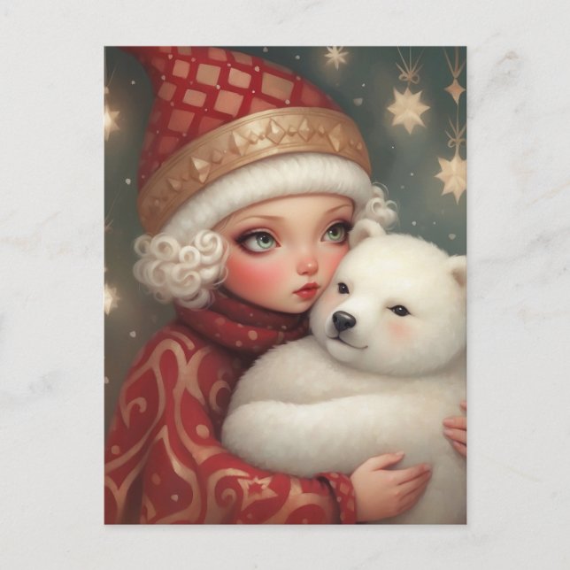 Postal Festiva Chica abrazando un oso polar, arte de fantasía sua (Anverso)