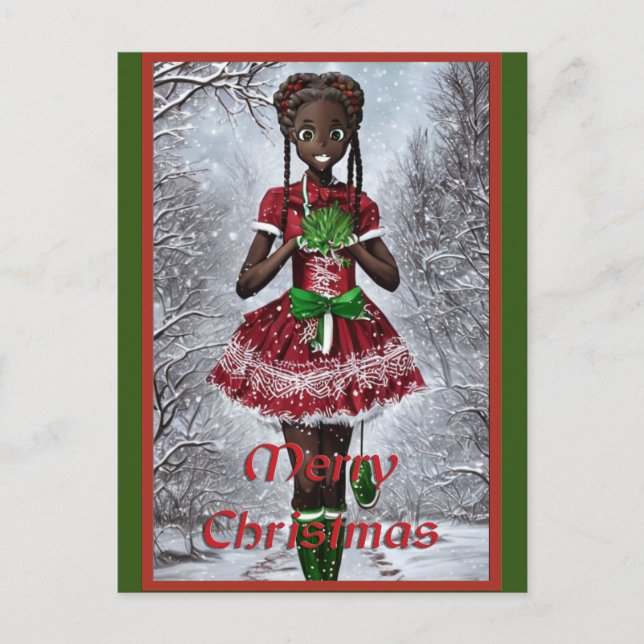 Postal Festiva Chica africana vestida con navidades primos. feria (Anverso)