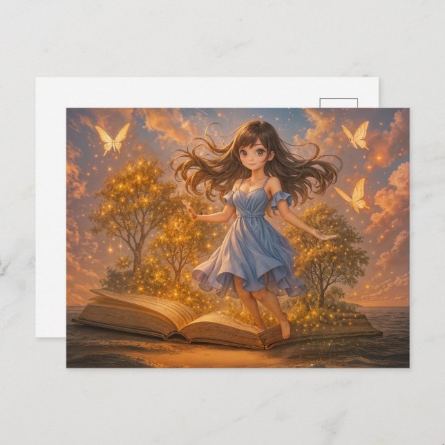 Postal Festiva Chica anime con poderes mágicos en libros (Anverso / Reverso)