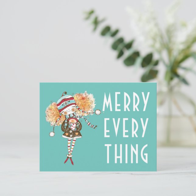 Postal Festiva Chica caprichoso Merry Everything Navidades Card (Anverso de pie)