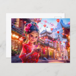 Postal Festiva Chica cómico con fantasía de dragón de mano pequeñ