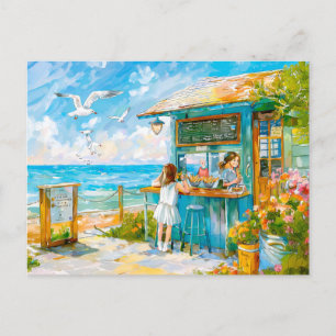 Postal Festiva Chica comprando sandwitch en garrapatas de playa