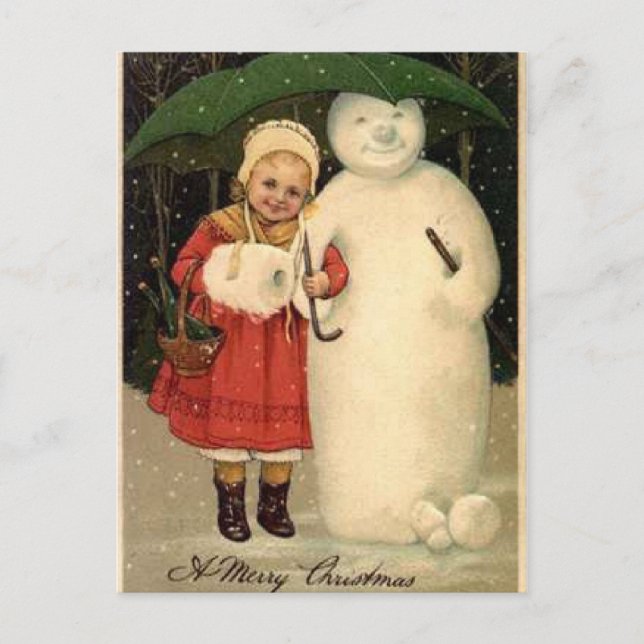 Postal Festiva Chica con el muñeco de nieve (Anverso)