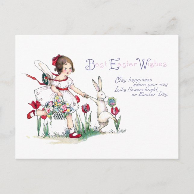 Postal Festiva Chica, conejo y flores de Semana Santa (Anverso)