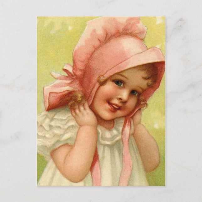 Postal Festiva Chica de Bonnet Rosa de Pascua (Anverso)