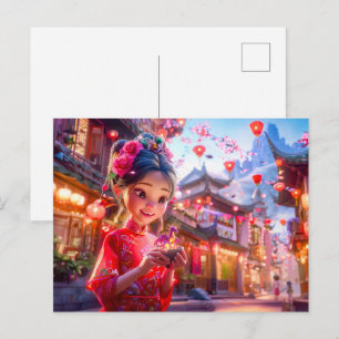 Postal Festiva Chica de cómic con fantasia de pequeño dragón de m
