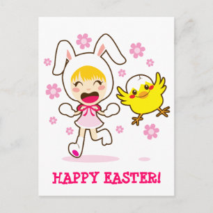 Postal Festiva Chica De Conejo Y Pequeño Chick