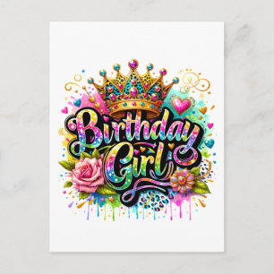 Postal Festiva Chica de cumpleaños real colorida