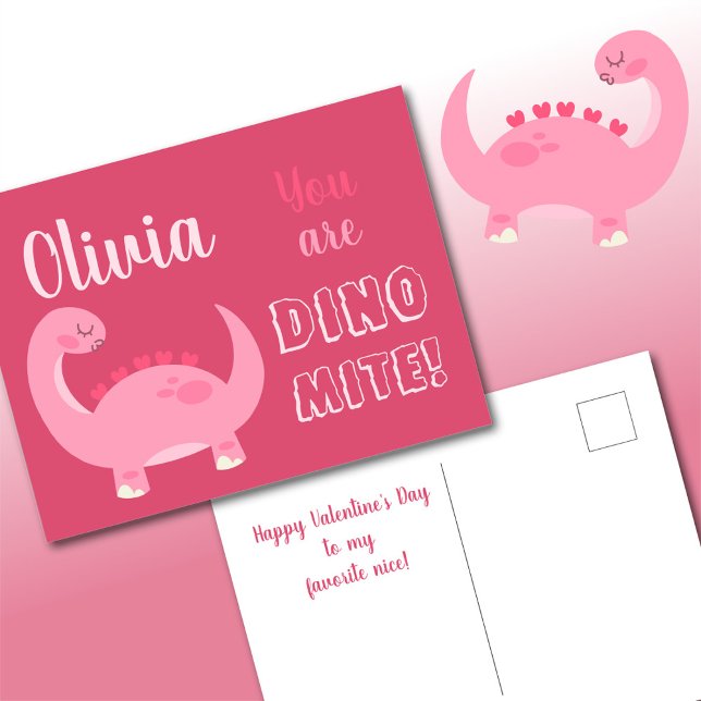 Postal Festiva Chica de dinosaurio rosa lindo El día de San Valen (Subido por el creador)