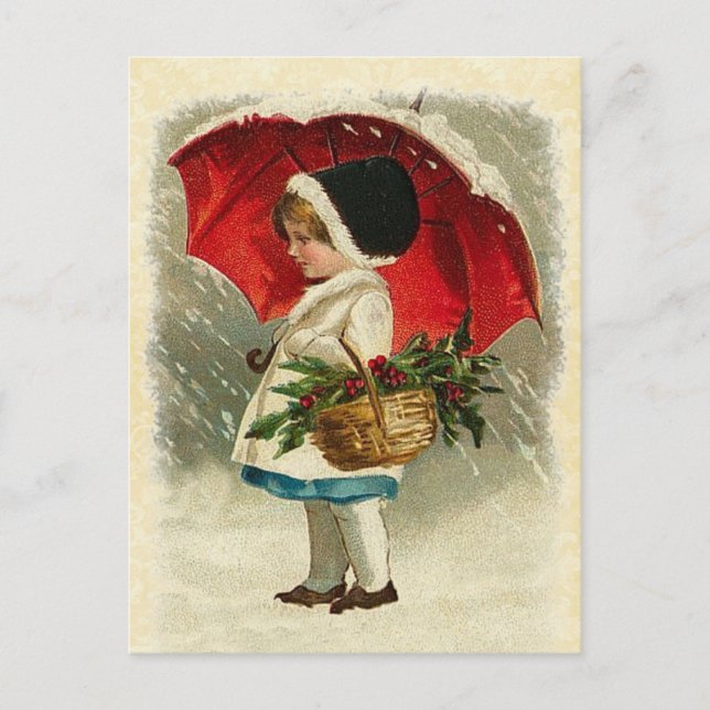 Postal Festiva Chica de diseño de época con paraguas Navidades (Anverso)