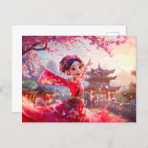 Chica de historietas bailando con flores de cerezo