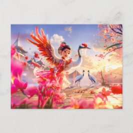 Postal Festiva Chica de historietas bailando con grúa en elegante