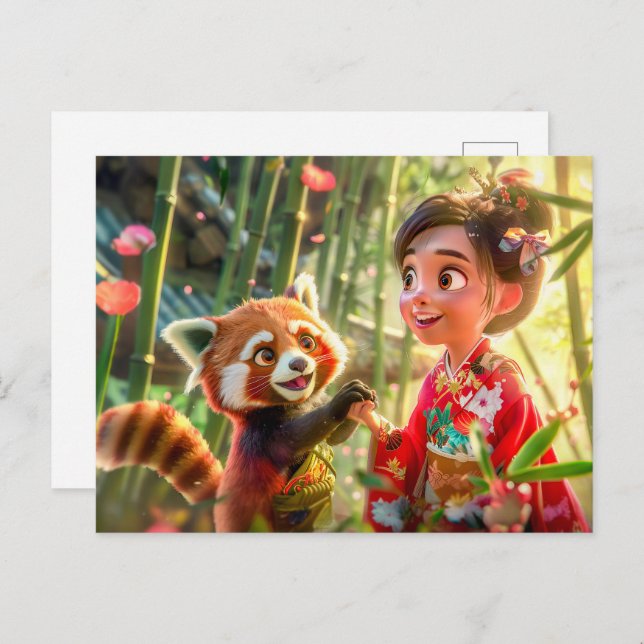 Postal Festiva Chica de historietas con panda rojo en escena lúdi (Anverso / Reverso)