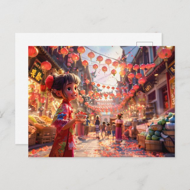 Postal Festiva Chica de historietas con tazón de porcelana de fre (Anverso / Reverso)