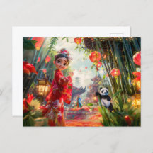 Chica de historietas en el bosque de Bambú con Pan