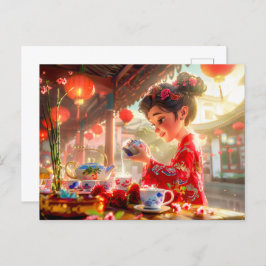 Postal Festiva Chica de historietas sirve té en un ambiente tradi