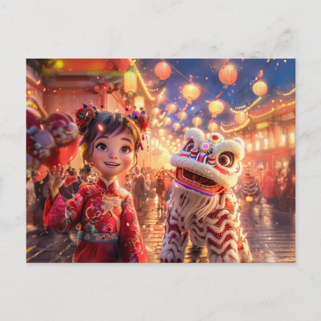 Postal Festiva Chica de historietas vestida de dragón para el Año (Anverso)