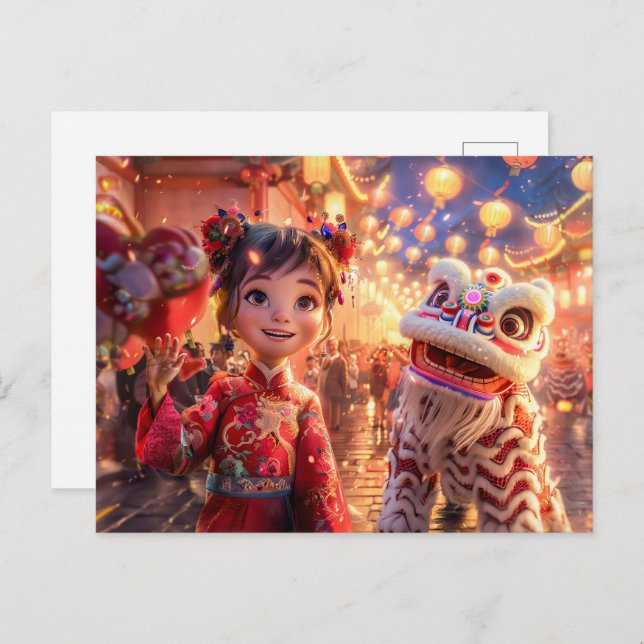 Postal Festiva Chica de historietas vestida de dragón para el Año (Anverso / Reverso)