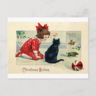 Postal Festiva Chica de impresión navideña y gato vintage
