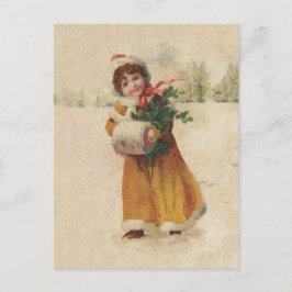 Postal Festiva Chica de invierno de Navidades antiguos niño