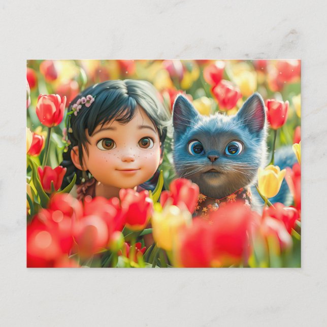 Postal Festiva Chica de la fantasía de primavera y gato en tulipa (Anverso)