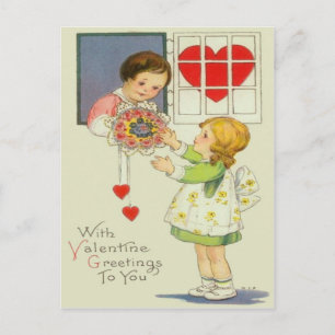 Postal Festiva Chica de la Vintage dando Bouquet de Flores Valent