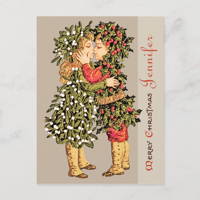 Postal Festiva Chica de Mistletoe y Navidades holly boy kiss CC07 (Anverso)
