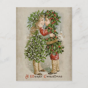 Postal Festiva Chica de Mistletoe y Navidades holly boy kiss CC07