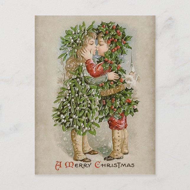 Postal Festiva Chica de Mistletoe y Navidades holly boy kiss CC07 (Anverso)