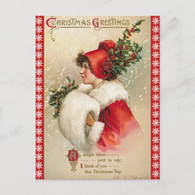 Postal Festiva Chica de Navidades de frontera con copo de nieve e (Anverso)