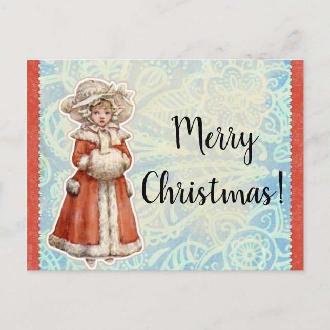 Postal Festiva Chica de Navidades victorianos en la gorra roja (Anverso)
