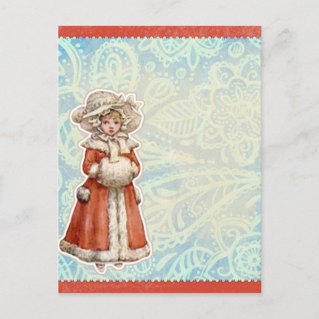 Postal Festiva Chica de Navidades victorianos en la gorra roja (Anverso)