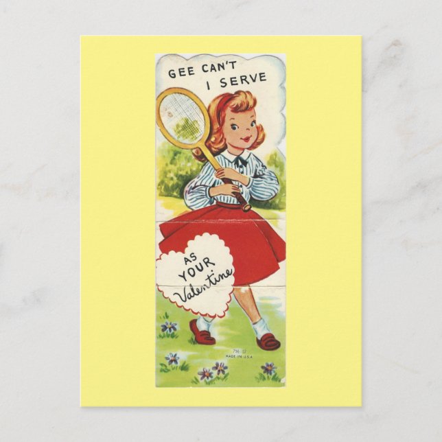 Postal Festiva Chica de tenis de época Valentine (Anverso)