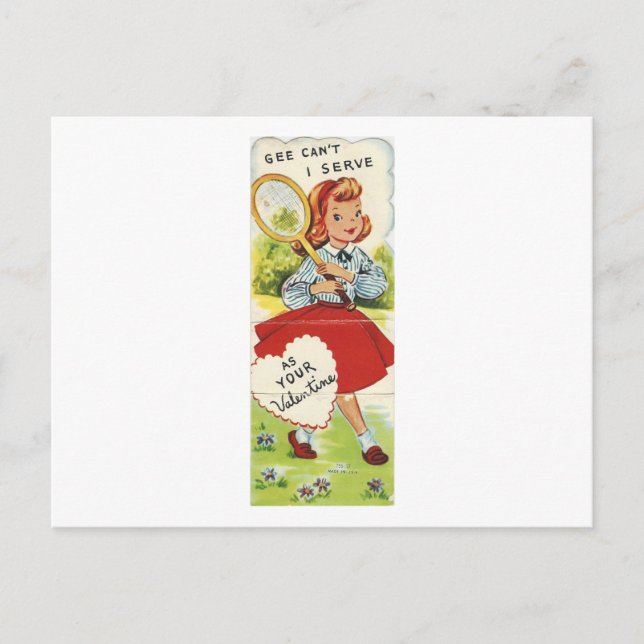 Postal Festiva Chica de tenis de época Valentine (Anverso)