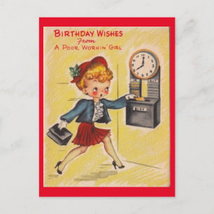Postal Festiva Chica de trabajo retro de Vintage Feliz cumpleaños