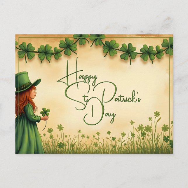 Postal Festiva Chica del Día de San Patricio con Shamrock (Anverso)