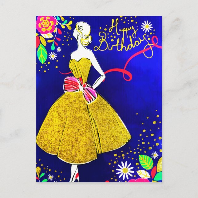 Postal Festiva Chica del Glamour Floral Gold Purpurina del partid (Anverso)